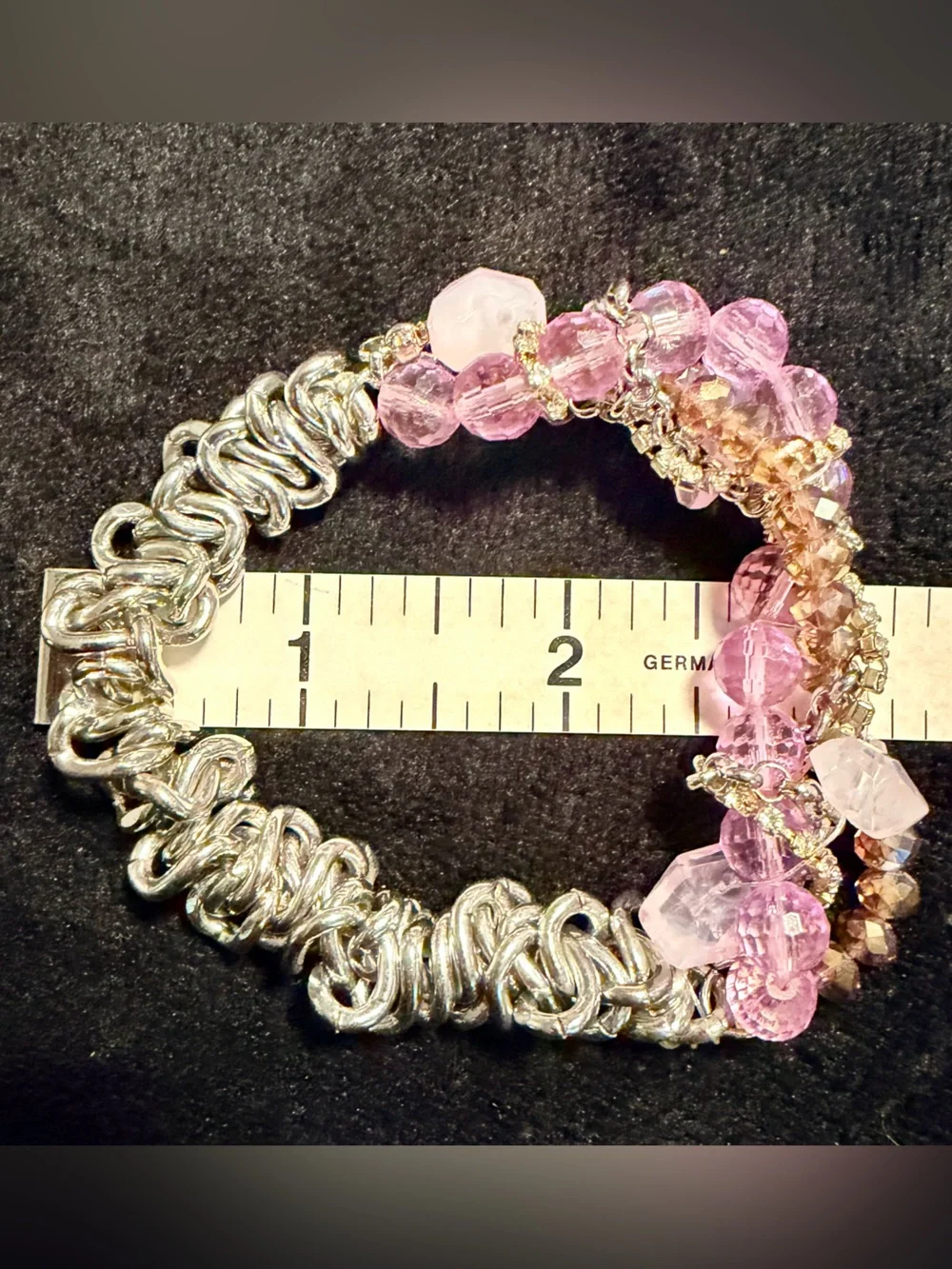 Artisan Pink Crystal Beaded Silver Tone Chainmail Statement Bracelet